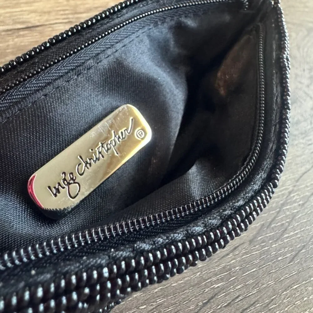 Inge Christopher Black Beaded Full Zip Makeup Bag / Clutch